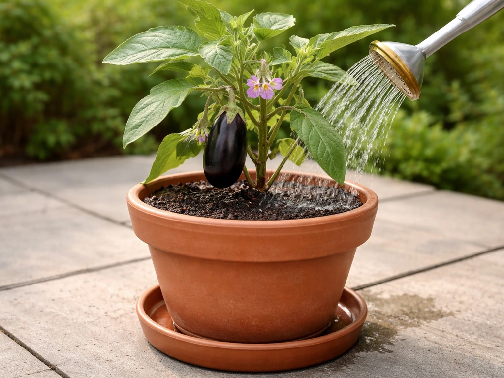 Watering a potted aubergine with a catch saucer to prevent waterlogging and root problems.