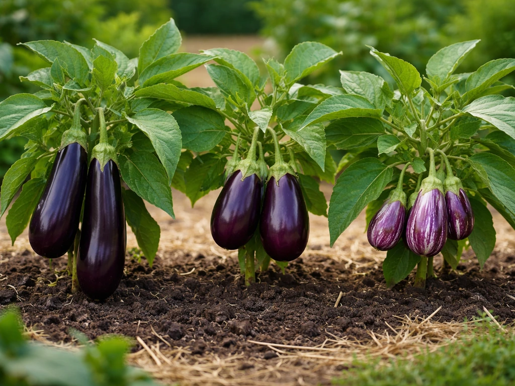 Side-by-side aubergine plants showing early-maturing varieties with different purple fruit shapes and colors.