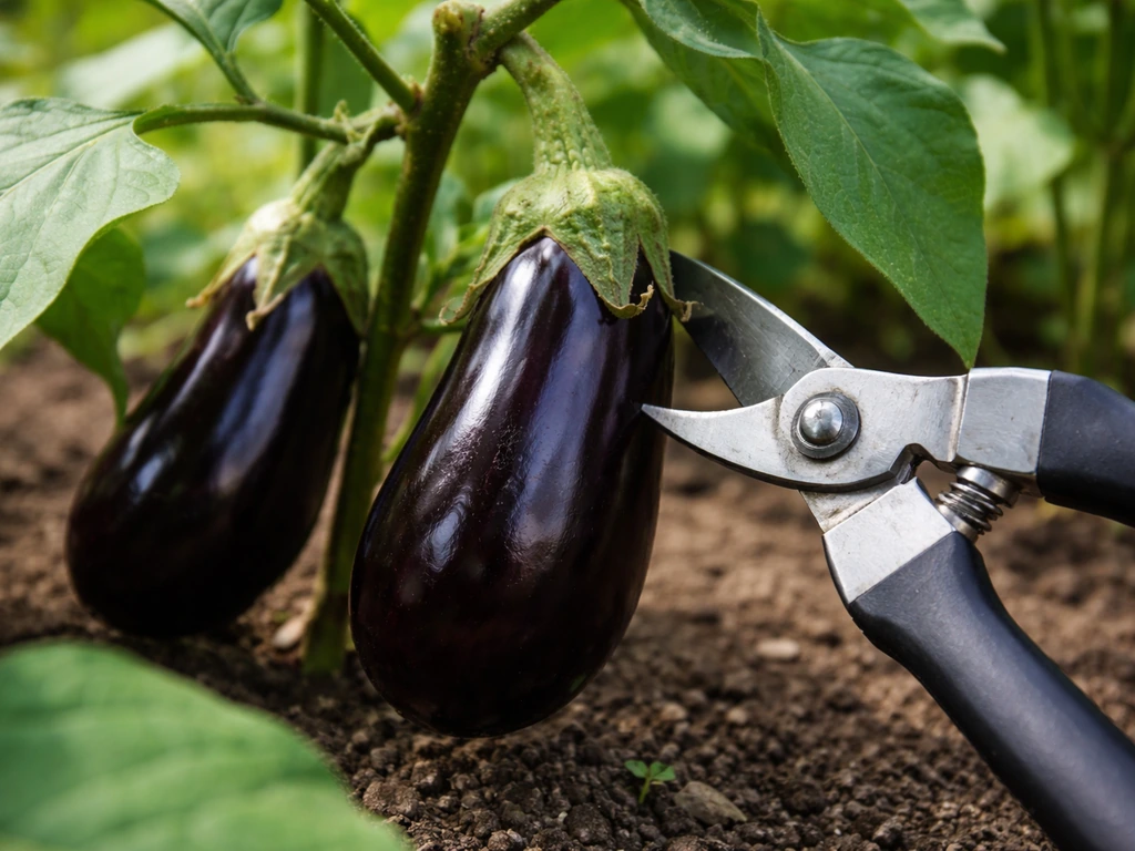 Glossy aubergine fruits growing on a plant, freshly cut with secateurs leaving short stems