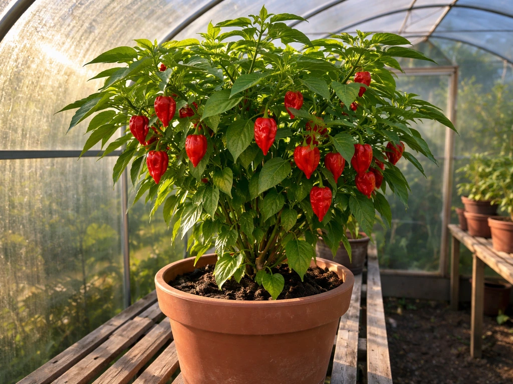 Carolina reaper chili plant thriving in a UK polytunnel, with several red peppers on potted stems.