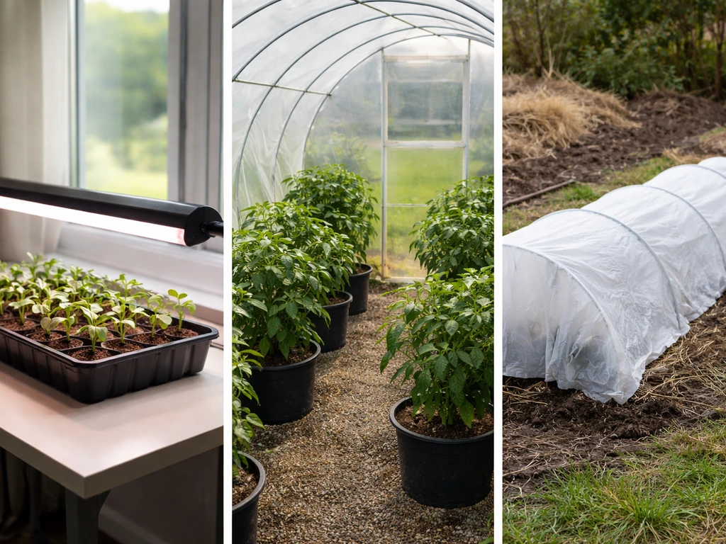 Three UK-friendly setups side by side: grow-lit tray indoors, greenhouse pepper plants, and a cold outdoor bed.