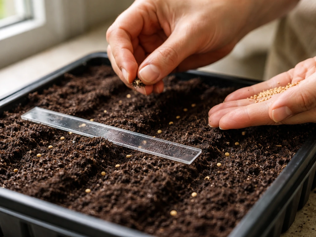 Pepper seeds in a tray of seed compost with a ruler showing shallow sowing depth (~6mm).