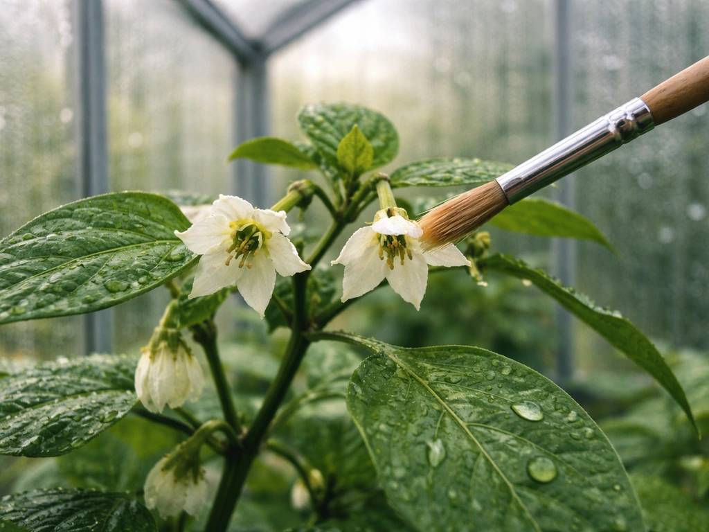 Close-up of a flowering pepper plant in a greenhouse as a small brush transfers pollen for fruit set