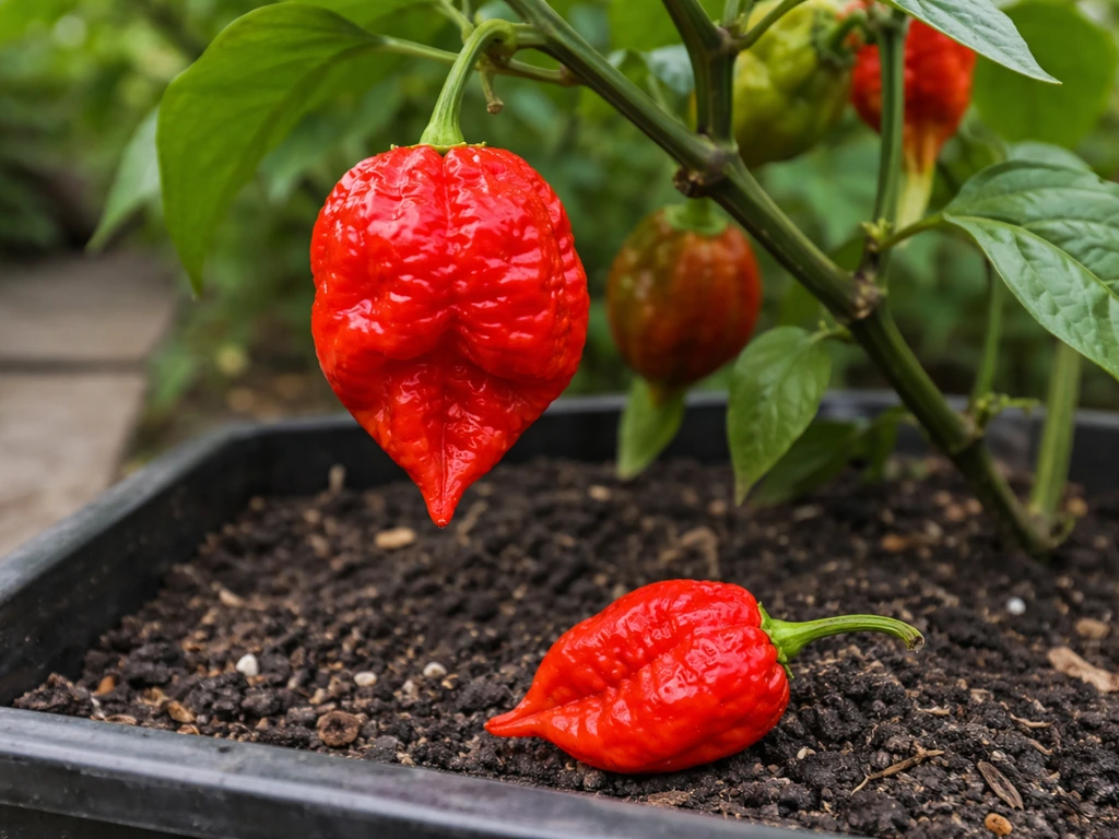 Fully red Carolina Reaper pods on a plant with one harvested pod beside it showing wrinkling.
