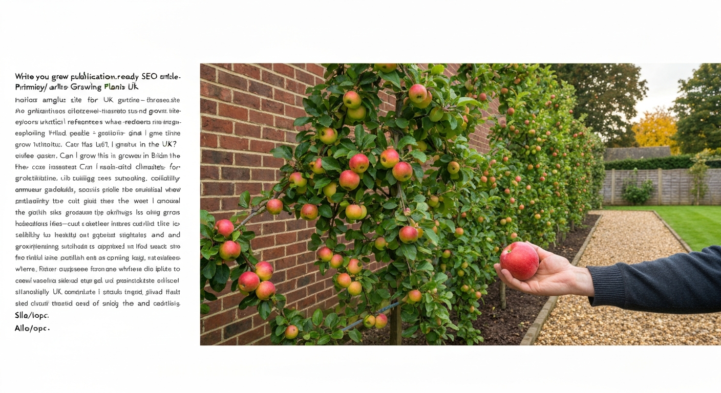 Ripe Cripps Pink apples on an espalier tree against a south-facing brick wall in a UK garden.
