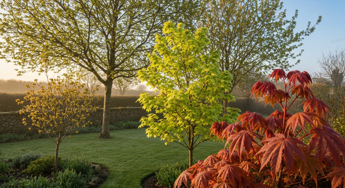 Springtime UK cottage garden showing several Acer trees with newly emerging leaves (Japanese maple with red tips, Norway and field maple with pale green tips) in soft morning light.
