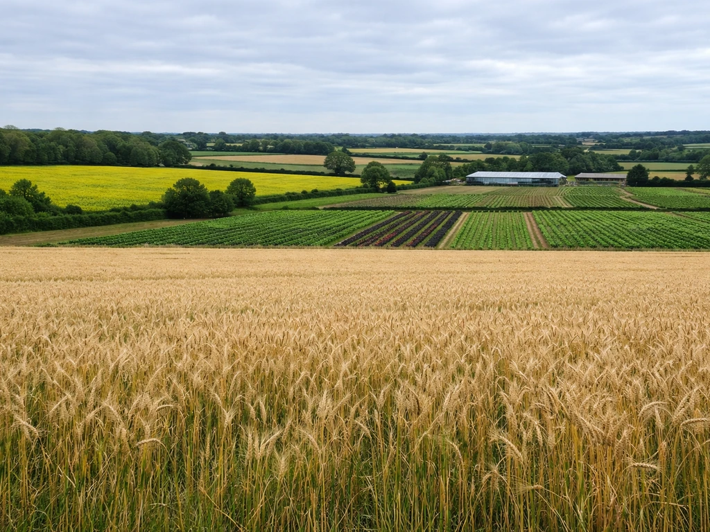UK farmland with wheat and oilseed rape and a distant glasshouse
