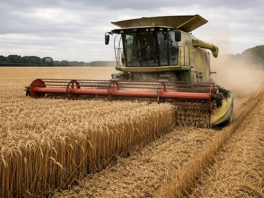 Combine harvesting winter wheat in a gold field