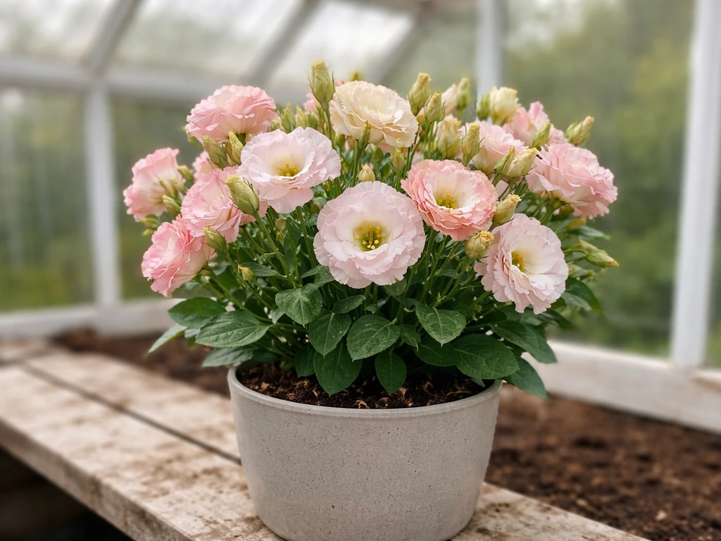 Close-up of blooming lisianthus in a sheltered UK greenhouse container setup