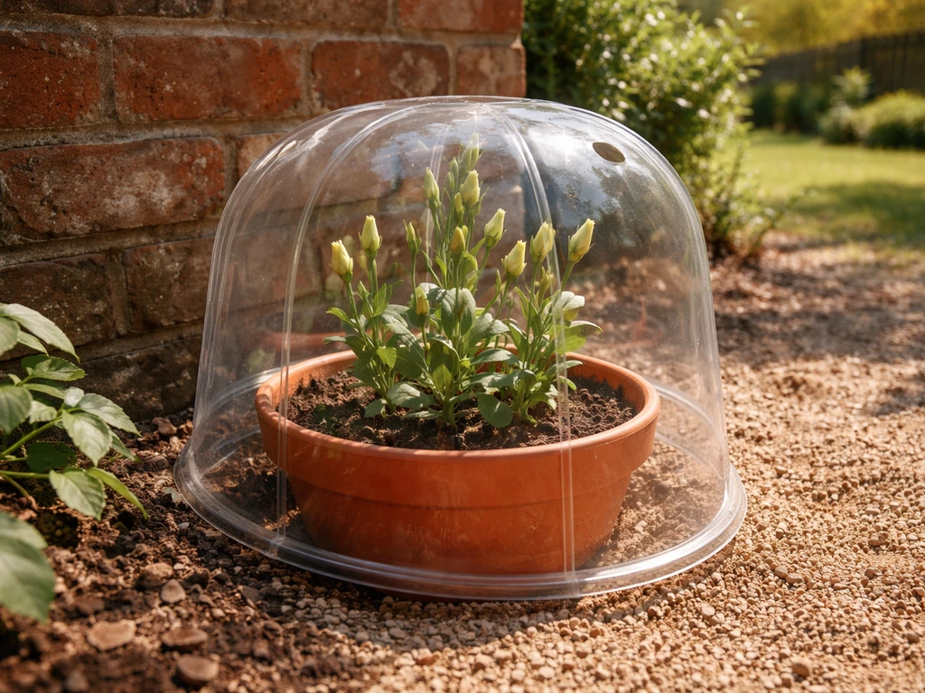 South-facing UK garden with potted lisianthus under a clear cloche in warm, sunny weather