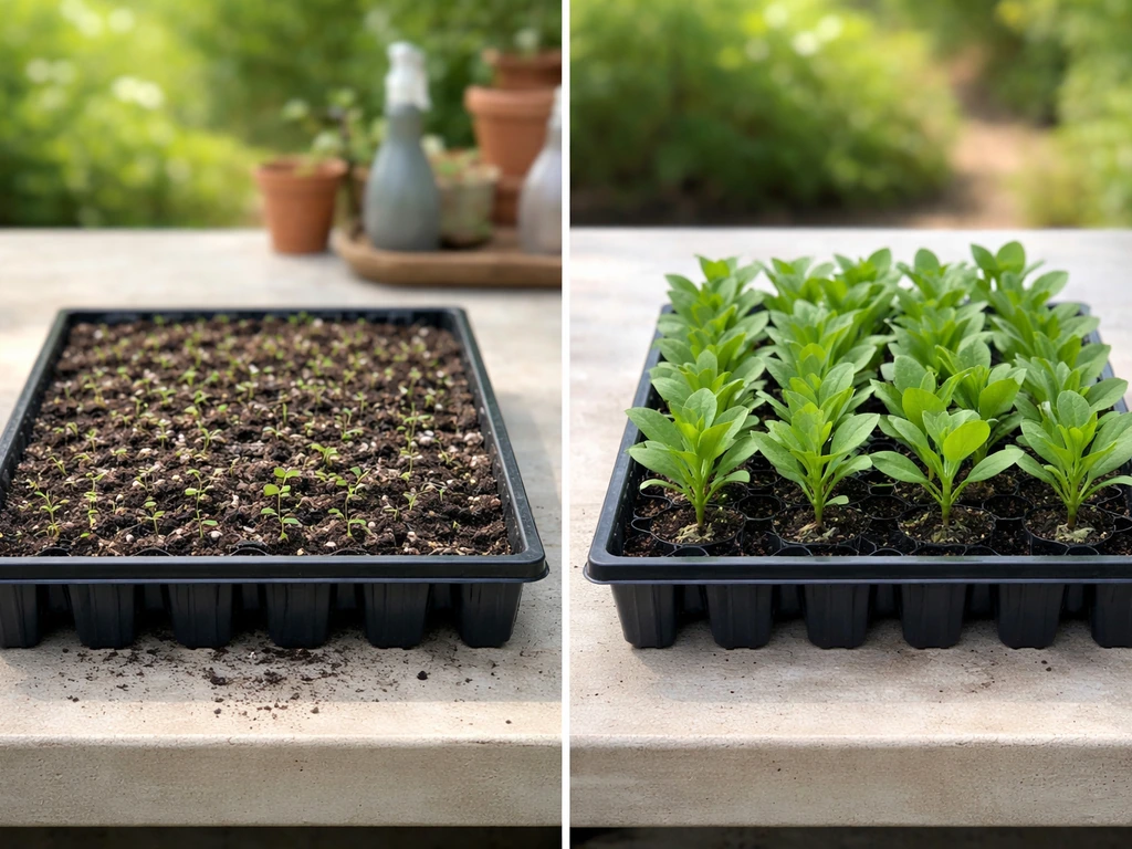 Side-by-side trays showing tiny lisianthus seedlings versus healthy lisianthus plug plants on a potting bench.