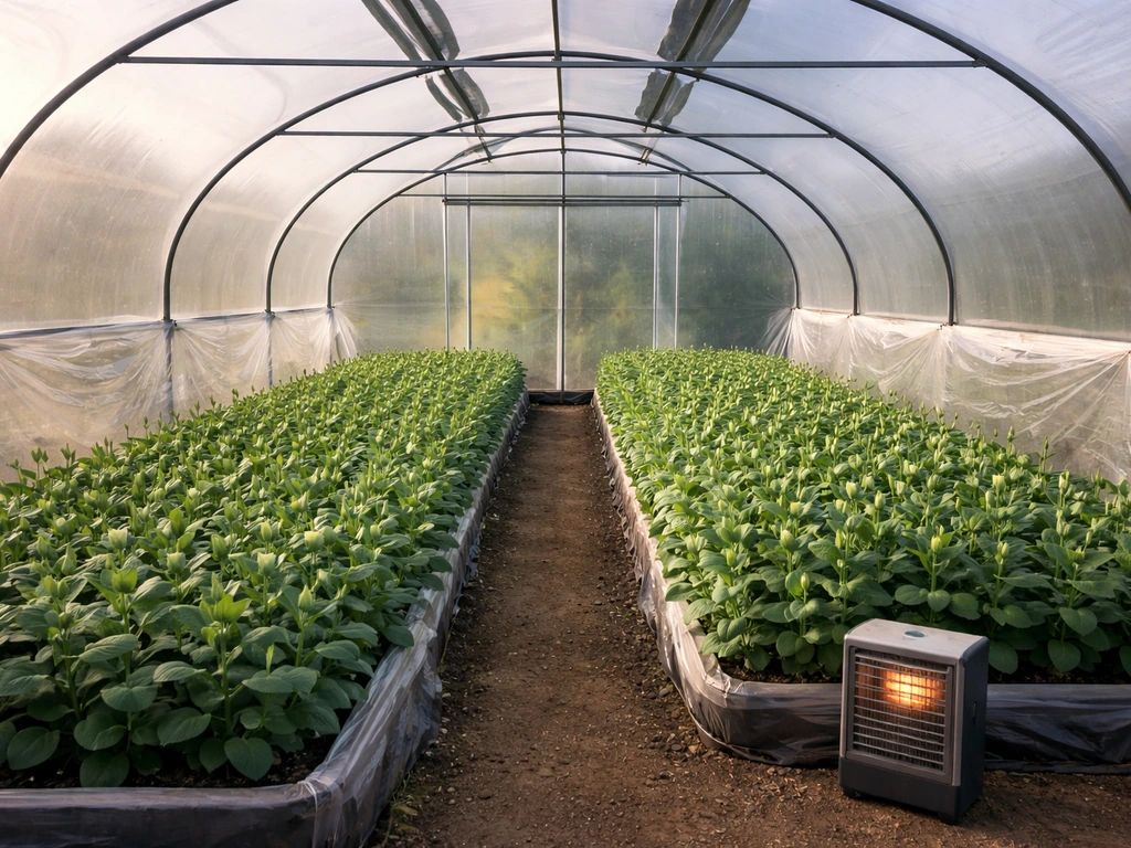 Heated polytunnel greenhouse with vents, heater, and covered lisianthus beds in soft natural light