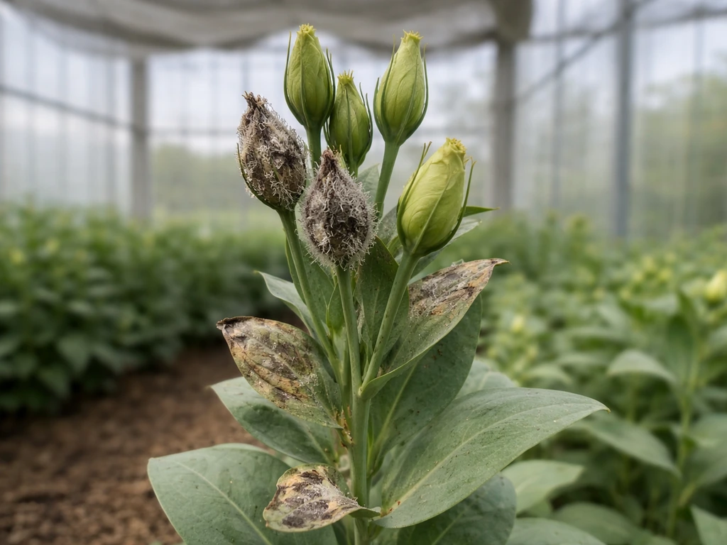 Lisianthus in a UK greenhouse with visible grey mould on buds and leaves, with dry, well-spaced foliage nearby.