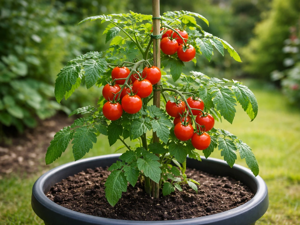 Small piccolo tomato plants in a sunny UK garden with ripe red cherry tomatoes on the vine.