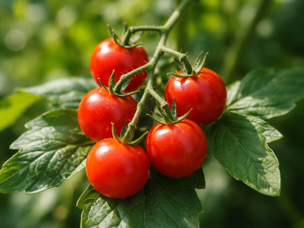 Close-up cluster of small red cherry piccolo tomatoes growing on the vine.