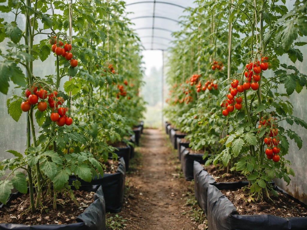 Piccolo tomato plants growing in a greenhouse, protected by translucent panels from damp UK weather.