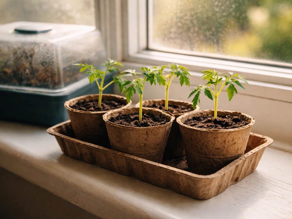 Young tomato seedlings in small pots on a UK windowsill under cover before transplanting outdoors.
