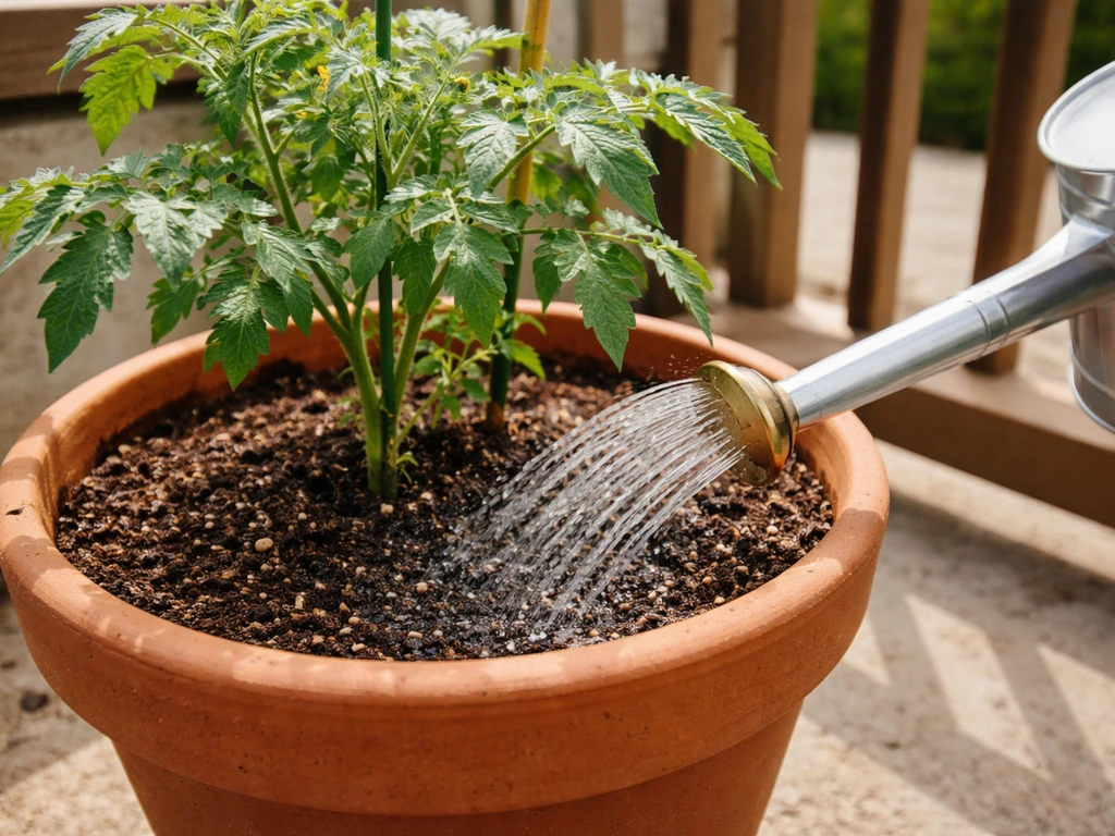 A watering can gently watering container tomato plants at soil level for consistent moisture.