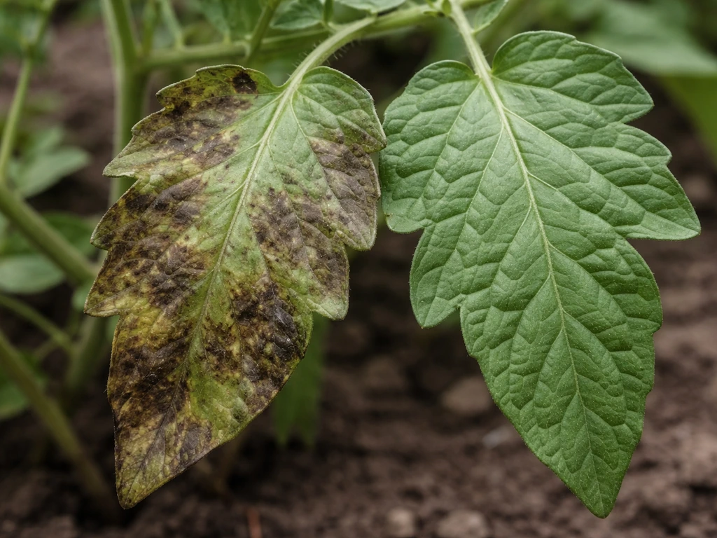 Close-up of tomato leaves showing late blight—brown spots on one leaf beside healthy green foliage.