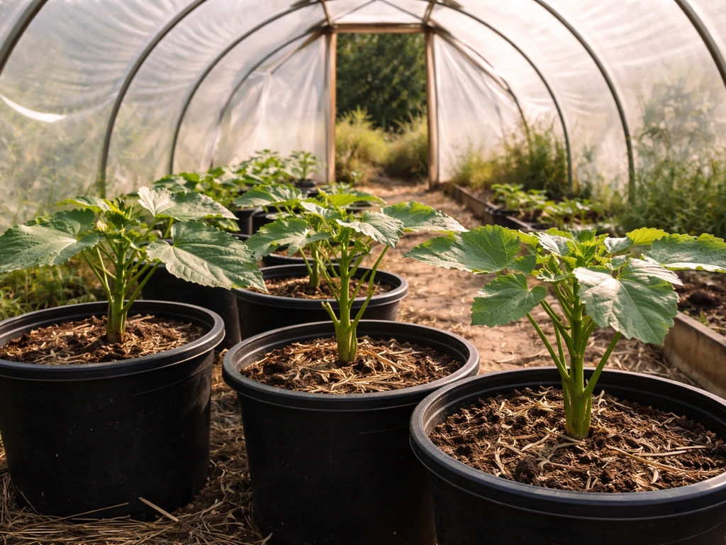 Okra plants thriving in large containers inside a sunlit UK polytunnel greenhouse