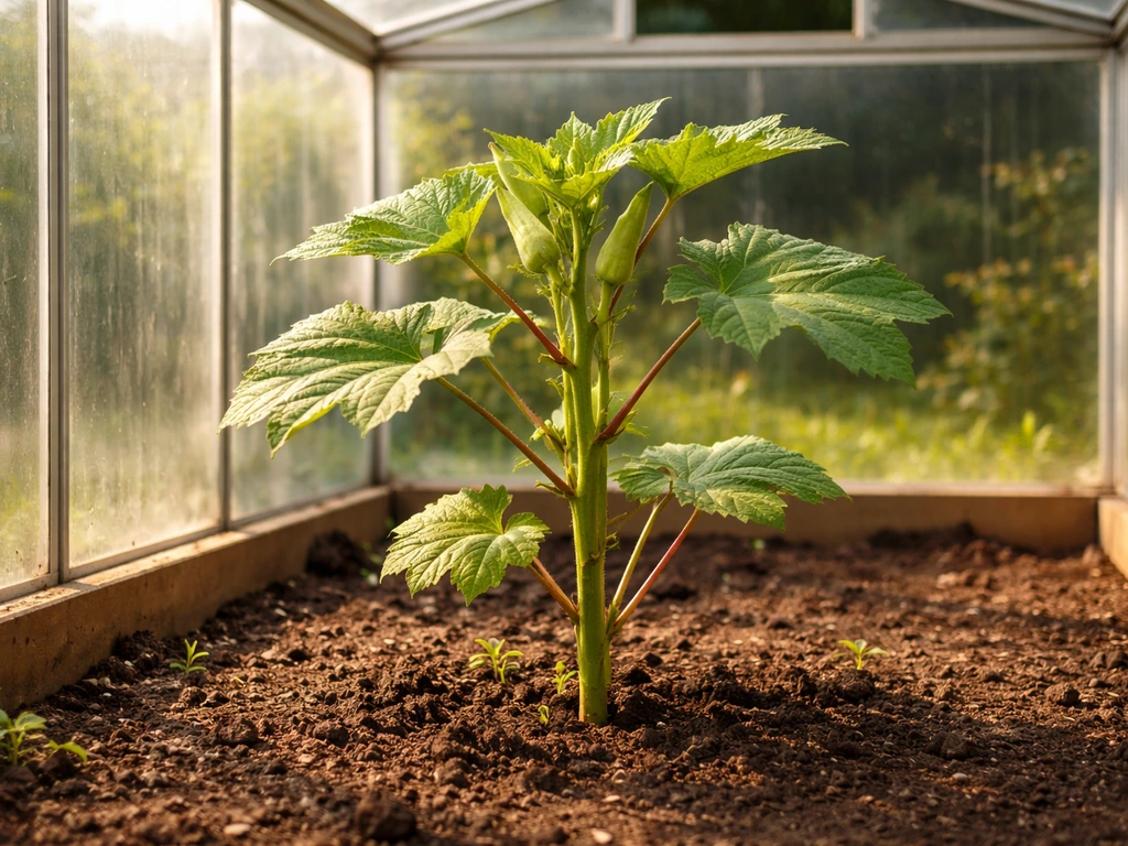 Okra plants thriving in a warm greenhouse, under protective plastic with sunlight and greenery.
