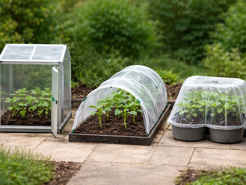 Three side-by-side setups—small greenhouse, polytunnel, and covered outdoor pots—showing plant growth for okra.