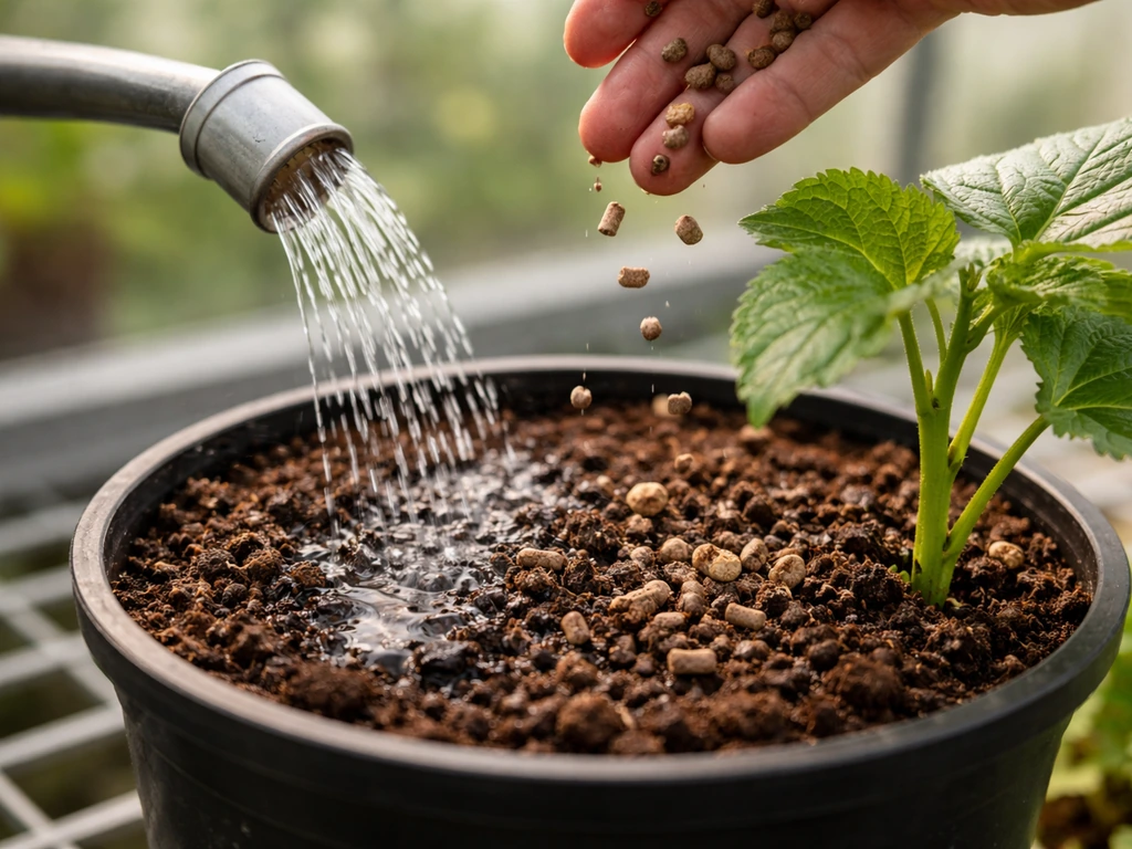Okra in a container as peat-free compost is watered and organic feed is sprinkled on top.