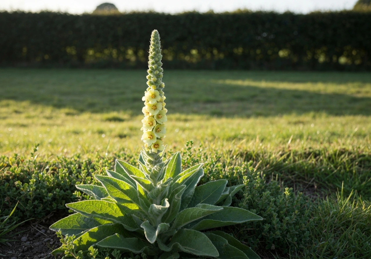 Sunlit common mullein (Verbascum thapsus) with tall flower spike in a UK garden edge