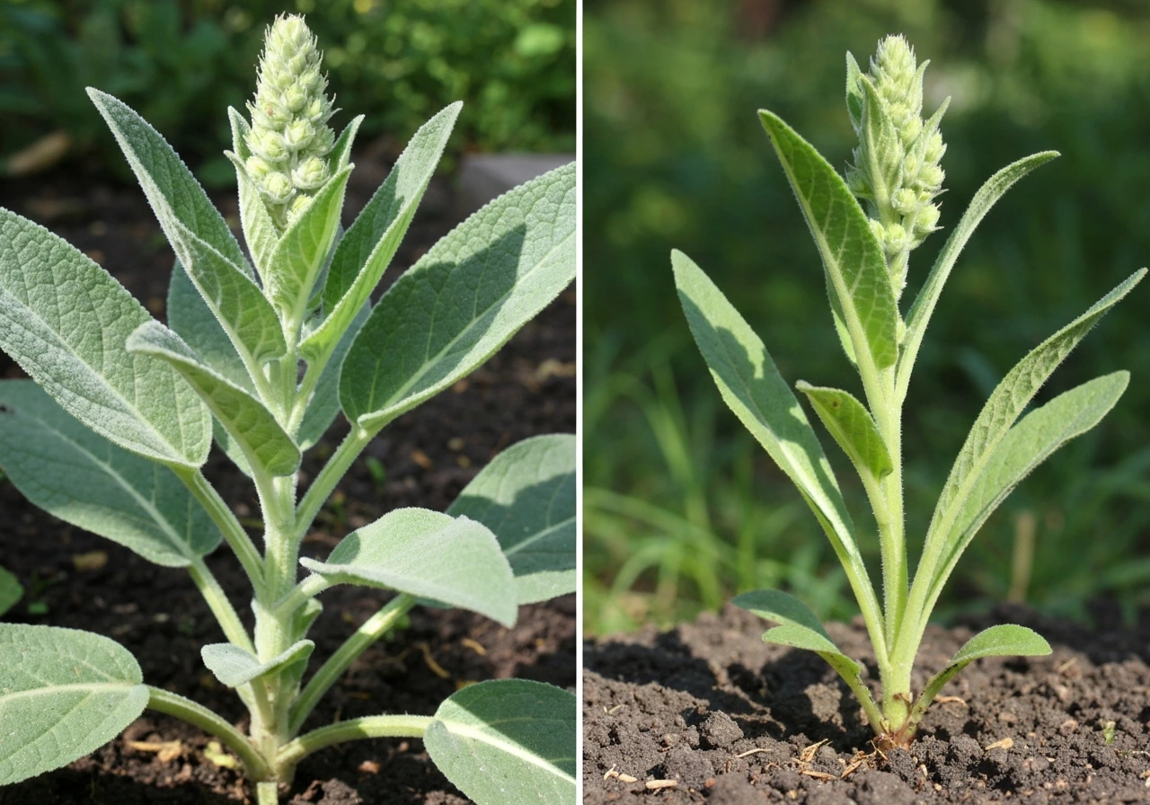 Close-up comparison of two mullein plants showing leaf texture and upright flower stalk bases.