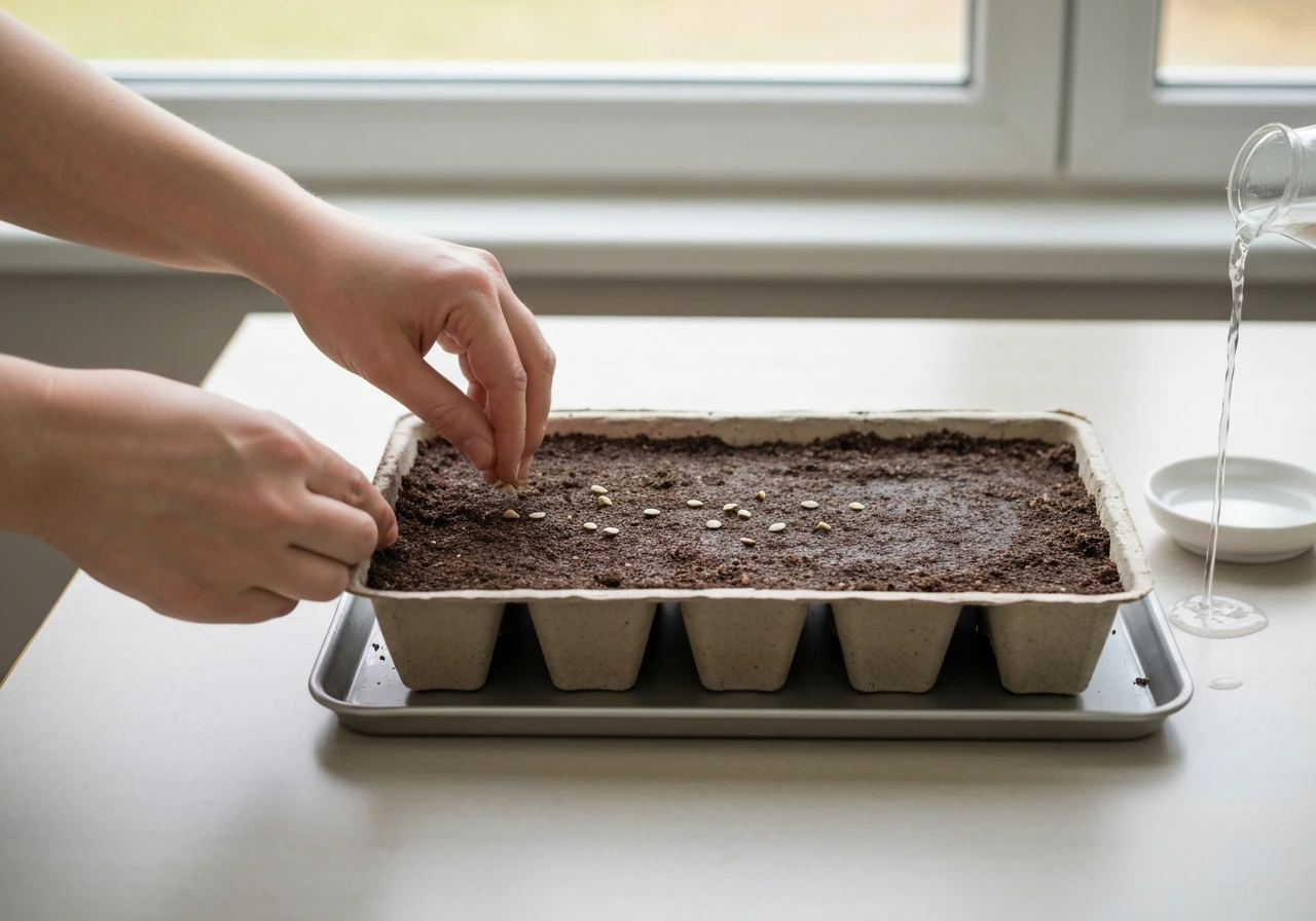 Surface-sown UK mullein seeds in a draining seed tray on a sunny windowsill with minimal setup.