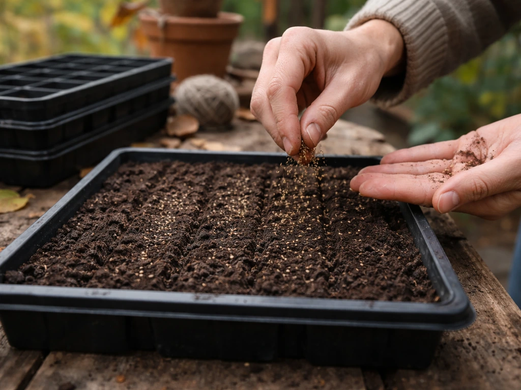 Garden tray with prepared soil and fine seeds being surface sown in autumn light