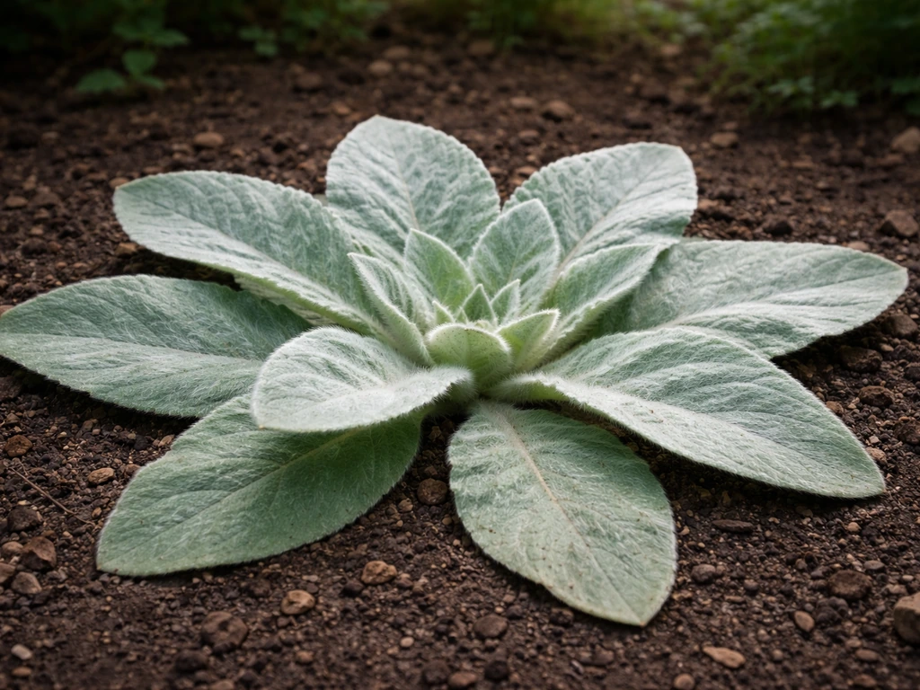 Close-up of a first-year rosette plant with large woolly leaves in rich soil