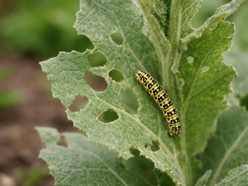 Close-up of a yellow-and-black mullein moth caterpillar on damaged mullein leaves with chew holes.