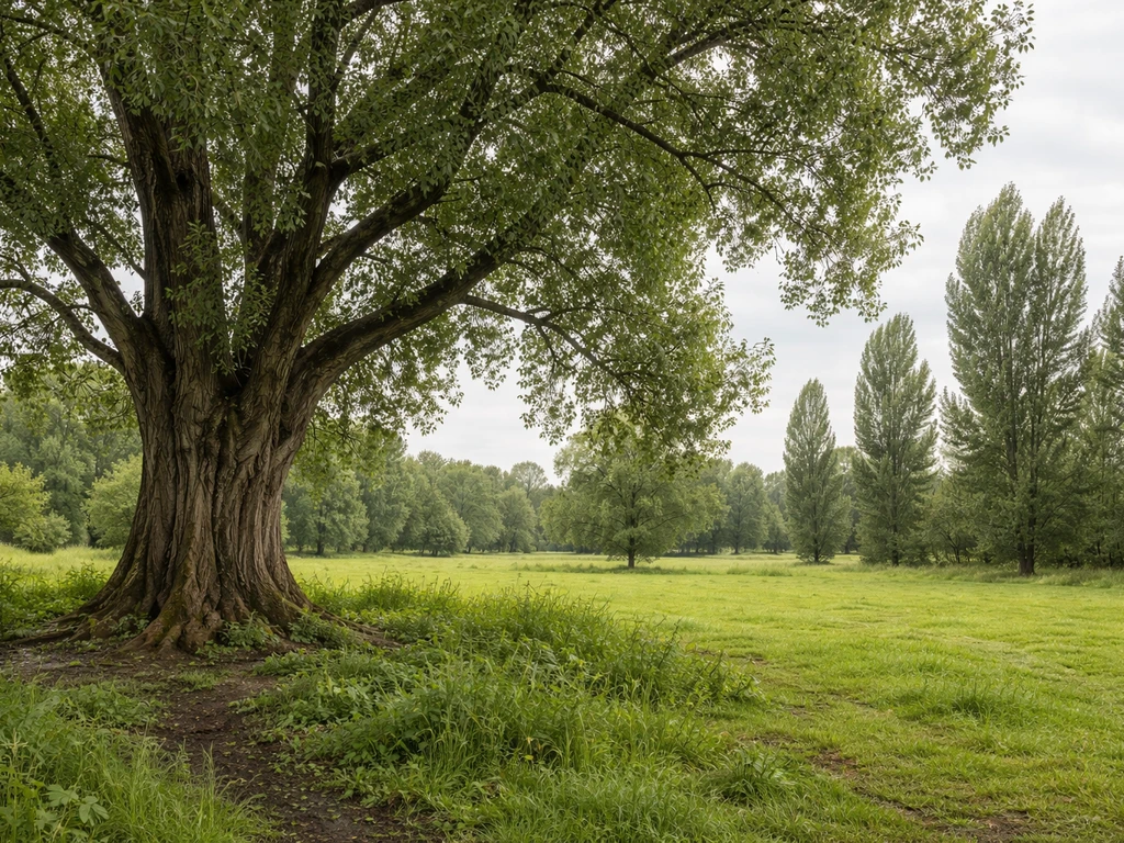 Mature cottonwood/poplar tree in a moist UK-like landscape with green foliage and overcast sky.