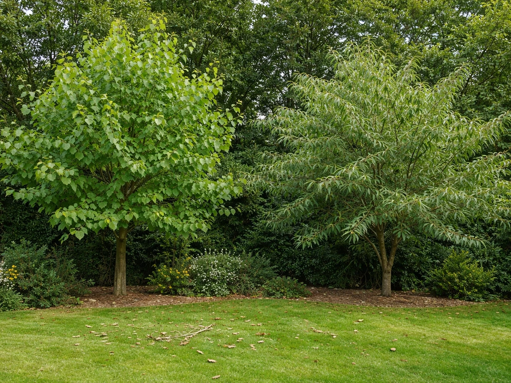 Two different cottonwood trees in a UK garden, with close leaves showing distinct shapes and textures.