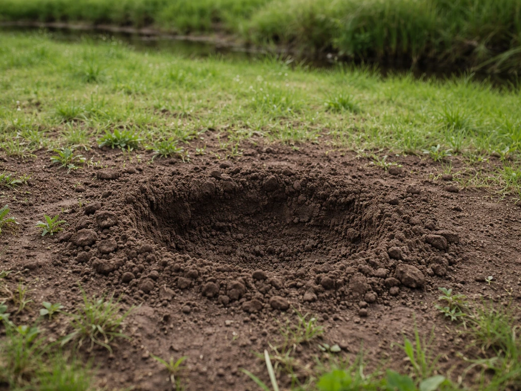 Moist open soil at a field edge with a small planting hole ready for a tree