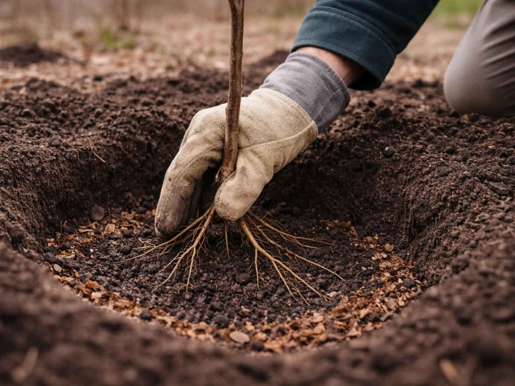 Bare-root poplar/cottonwood roots being placed in a planting hole during dormant-season planting.