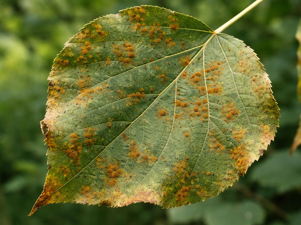 Close-up of a poplar leaf with rust-like orange spots and slightly curled edges against soft green background.