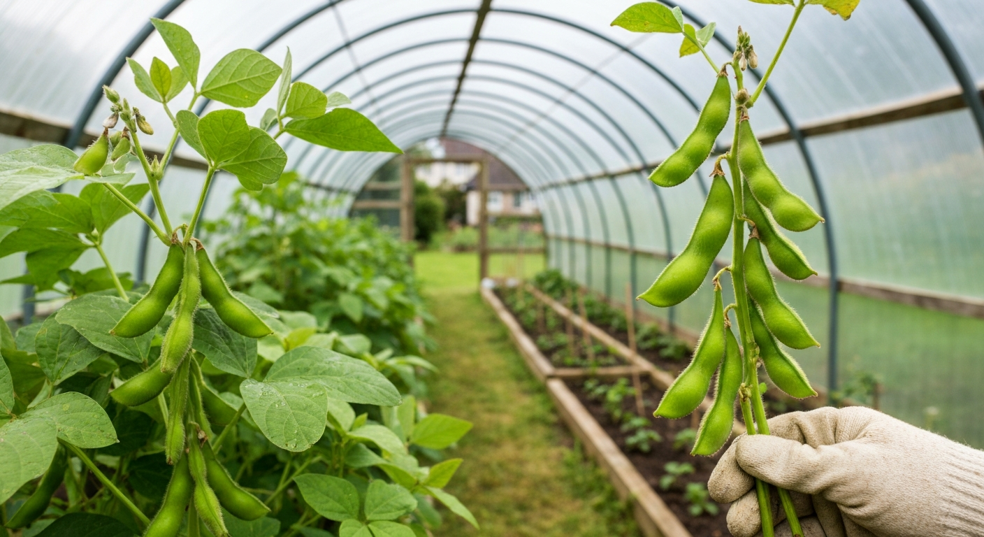 Edamame pods on a soybean plant inside a small UK garden polytunnel, gardener's hand holding a stem.