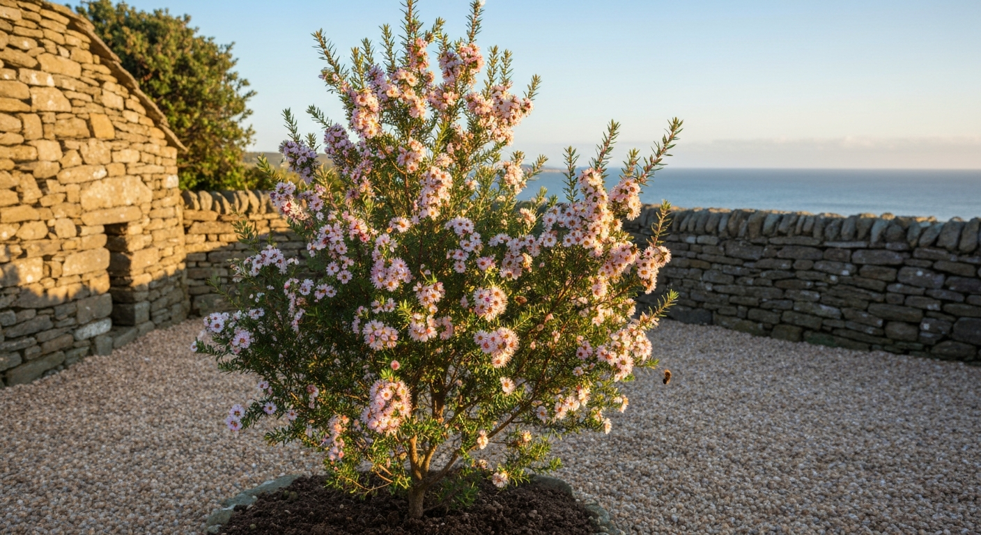 Manuka shrub in flower in a sheltered coastal UK garden with bees, gravelly free-draining soil and sea on the horizon.