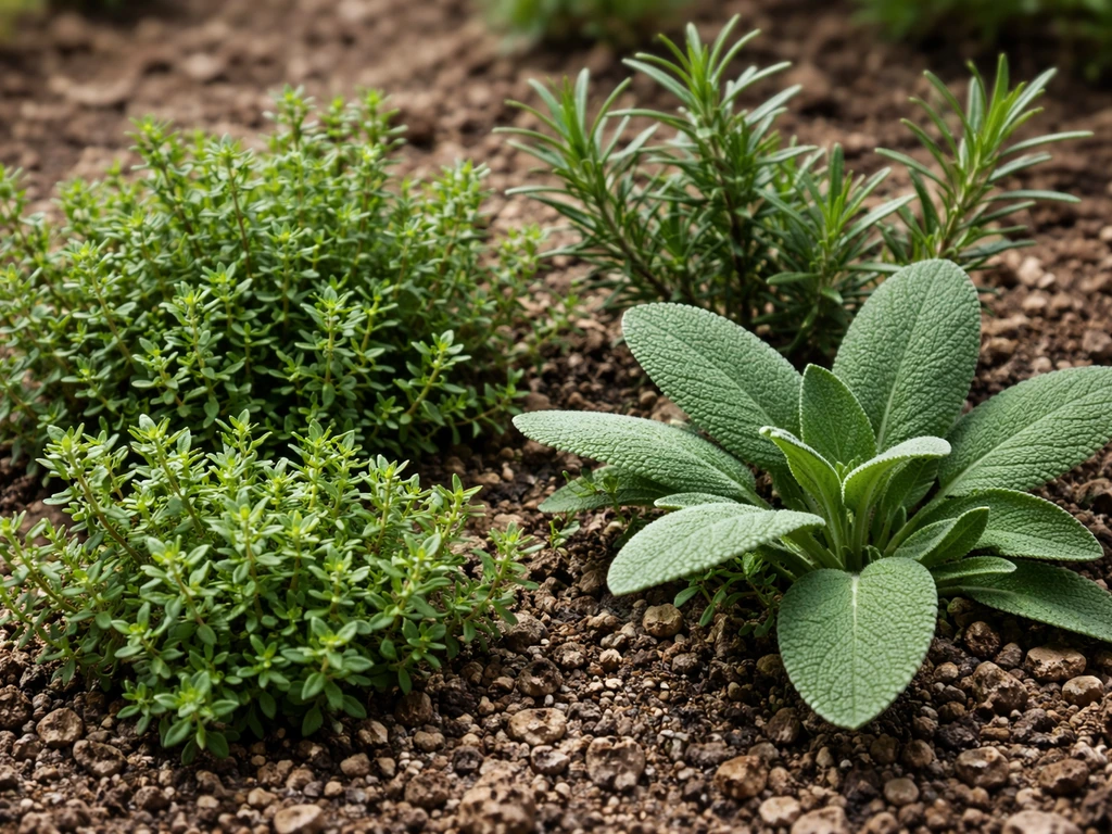 Close-up of hardy UK garden herbs—thyme, sage, and rosemary—growing in well-drained soil.