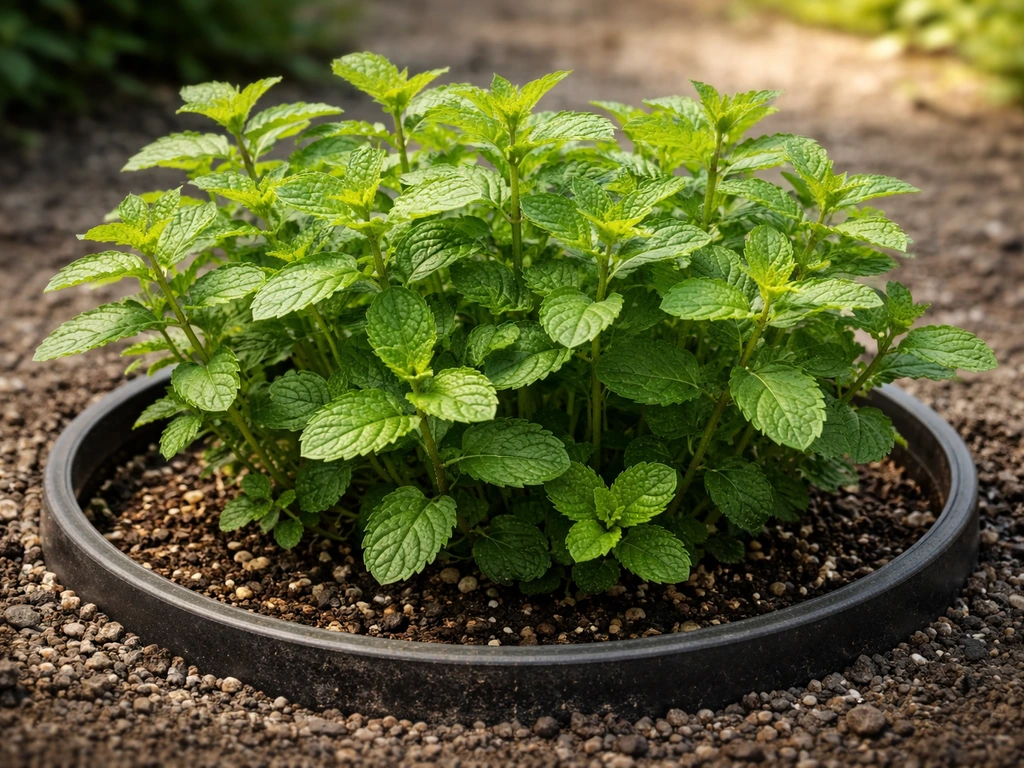 Close-up of mint growing in a dedicated pot, with visible soil and drainage-friendly setup