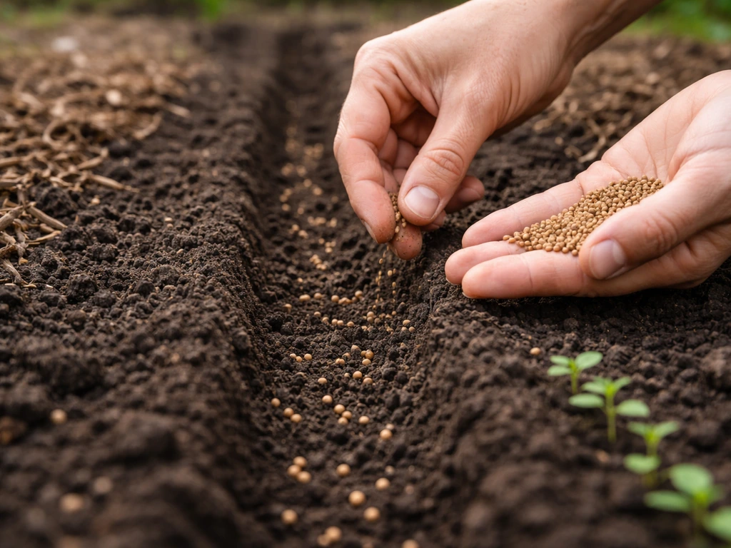 Hands sprinkle coriander-style herb seeds into prepared soil rows with a few tiny seedlings visible