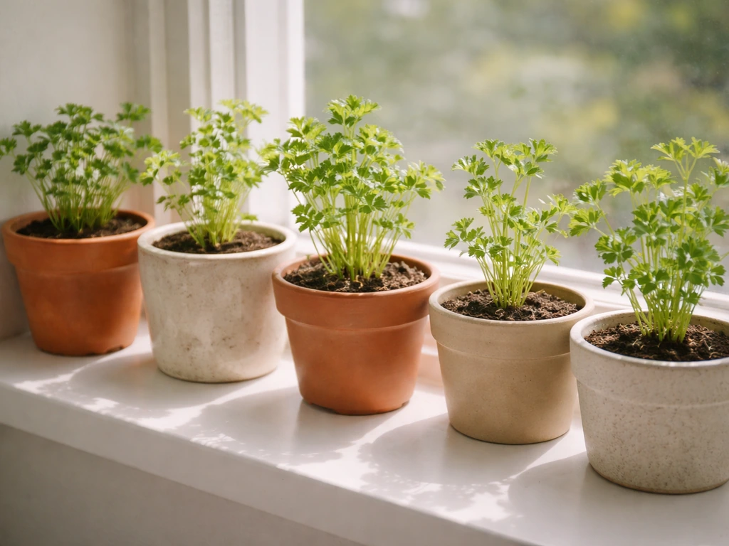 Small pots of fresh parsley on a sunny south-facing windowsill, leaf growth visible.
