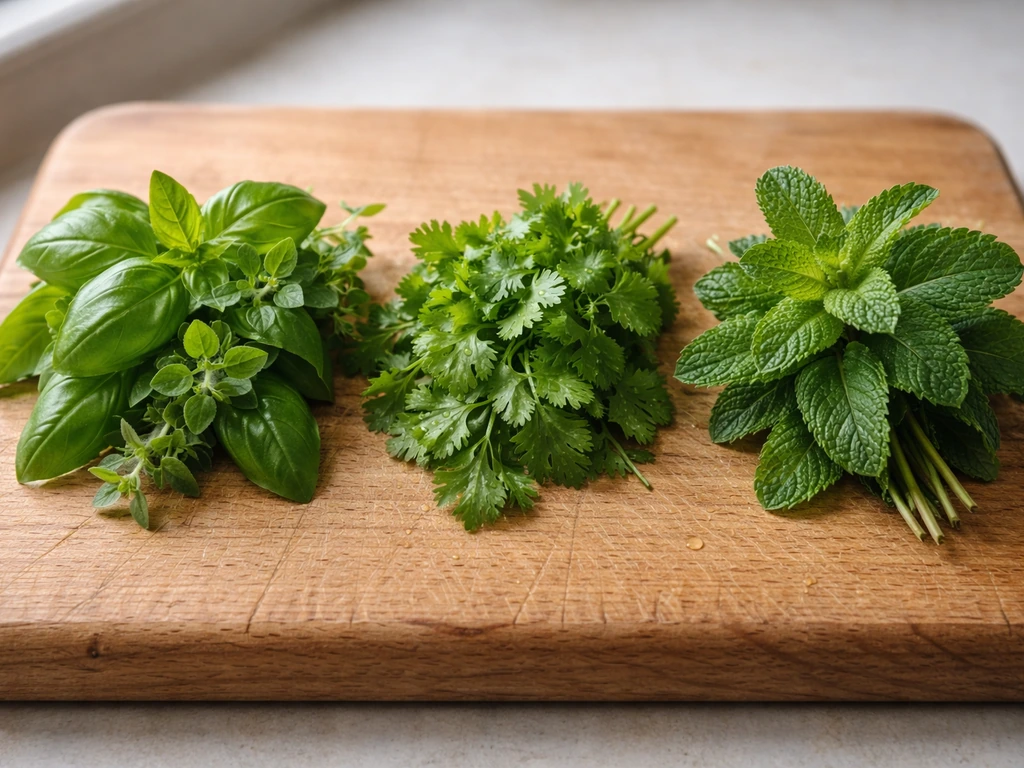 Fresh herb groupings for cooking—basil, oregano, mint, and coriander on a wooden cutting board