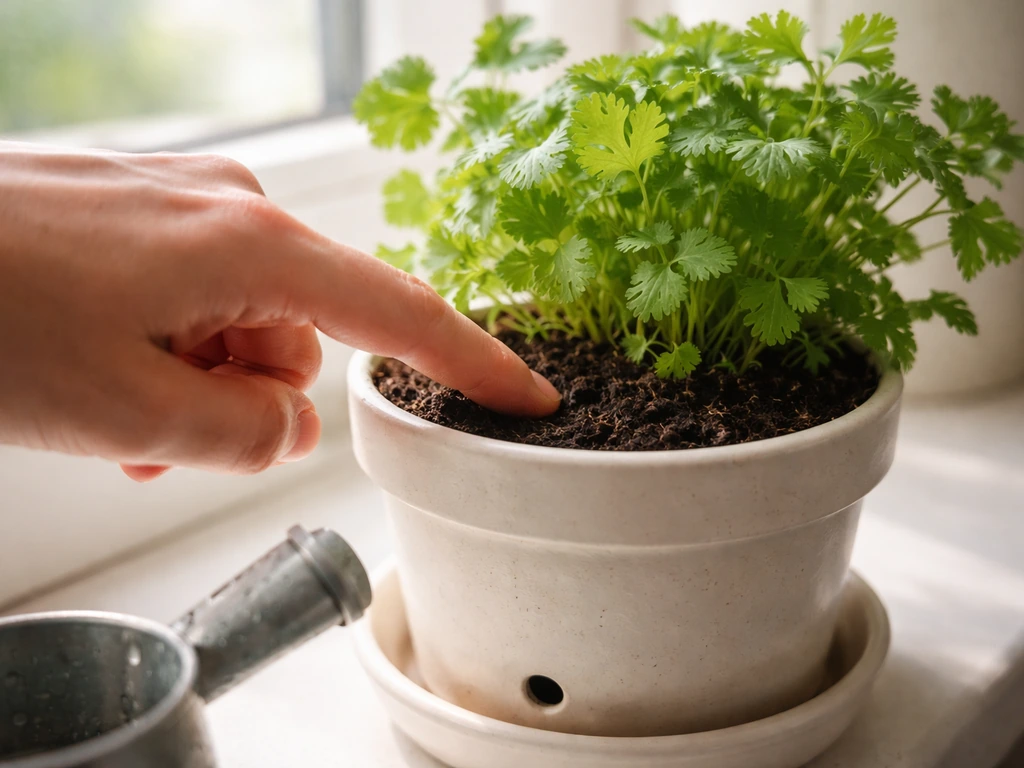 A hand finger-checks compost dryness in an indoor herb pot with a watering can nearby, drainage hole visible.