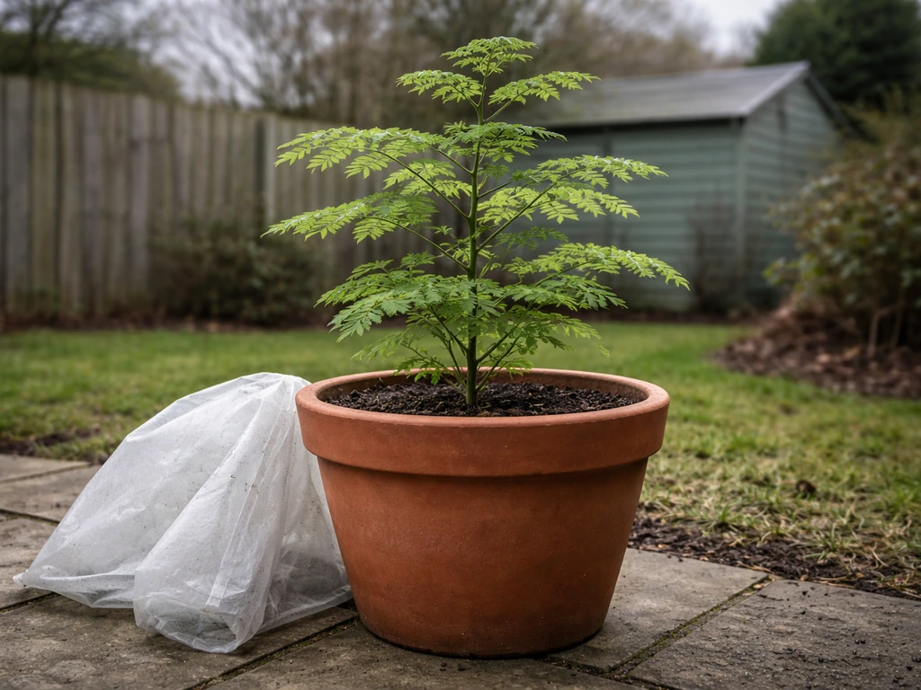 Healthy moringa plant in a large pot in a UK backyard, with protective winter feel
