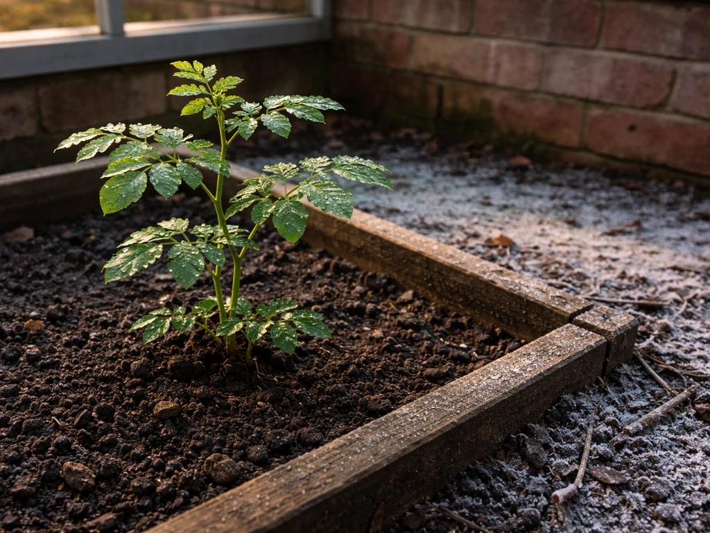 Moringa plant in a small garden bed with frost on nearby soil, contrasting sheltered vs exposed areas