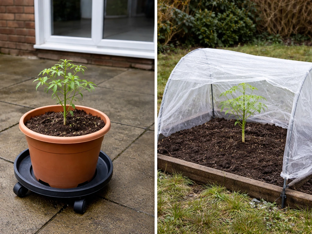 Split view of a moveable moringa container on trays and an in-ground bed with a frost cover for winter.