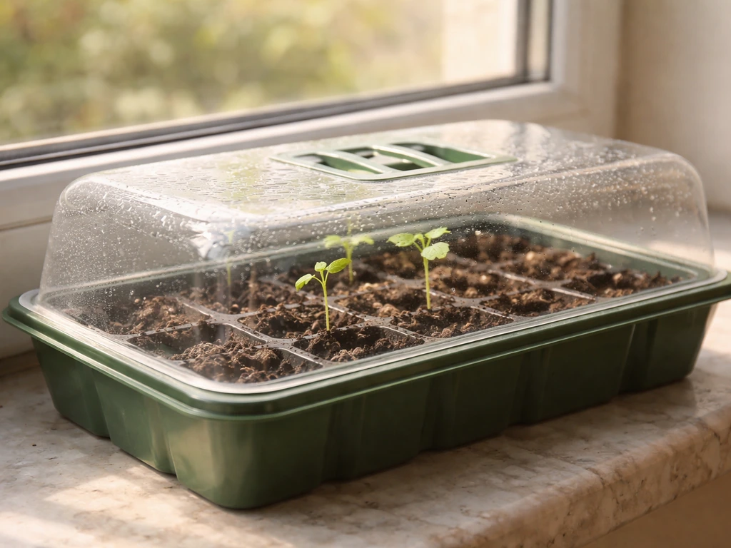 Moringa seedlings starting in warm seed tray on a sunlit windowsill, showing germination conditions.